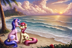 Size: 1728x1152 | Tagged: safe, imported from derpibooru, roseluck, sea swirl, seafoam, earth pony, pony, unicorn, ai content, ai generated, beach, boop, cloud, cute, female, flower, generator:pony diffusion v6 xl, generator:stable diffusion, horn, imminent kissing, kissing, lesbian, looking at each other, looking at someone, looking up, noseboop, ocean, palm tree, prompter:foxpony, sand, scenery, scenery porn, sky, sun, sunset, swirluck, tree, water, wave