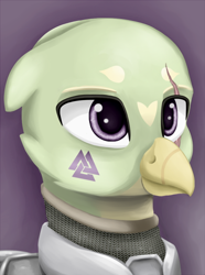 Size: 390x525 | Tagged: safe, artist:printik, imported from derpibooru, oc, oc only, oc:selena, griffon, equestria at war mod, armor, bust, eye scar, facial scar, griffon oc, portrait, scar, solo, valknut