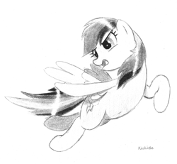 Size: 4059x3749 | Tagged: safe, artist:mizhisha, imported from derpibooru, rainbow dash, pony, flying, pencil drawing, simple background, traditional art