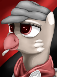 Size: 756x1016 | Tagged: safe, artist:cofido, imported from derpibooru, oc, oc only, oc:hendrik rosebeak, griffon, equestria at war mod, bust, cigarette, clothes, griffon oc, hat, portrait, solo