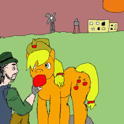 Size: 450x450 | Tagged: safe, artist:disco_ninja, imported from derpibooru, applejack, earth pony, human, pony, 1000 hours in ms paint, apple, feeding, female, food, john marston, male, mare