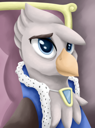 Size: 756x1016 | Tagged: safe, artist:cofido, imported from derpibooru, oc, oc only, oc:queen maximilliana, griffon, equestria at war mod, bust, clothes, griffon oc, jewelry, necklace, portrait, solo, throne