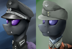Size: 1872x1255 | Tagged: safe, artist:richmay, imported from derpibooru, oc, oc only, oc:ovix mantid, oc:vespad lus, changeling, equestria at war mod, bust, cap, changeling oc, clothes, fangs, hat, military uniform, portrait, uniform