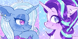 Size: 686x343 | Tagged: safe, artist:puroperopony, imported from derpibooru, starlight glimmer, trixie, pony, unicorn, bust, duo, ear piercing, earring, female, horn, jewelry, lesbian, piercing, portrait, shipping, startrix