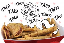 Size: 1816x1244 | Tagged: safe, artist:opalacorn, imported from derpibooru, oc, oc only, pony, unicorn, floppy ears, food, heart, horn, meat, open mouth, ponies eating meat, ponies in food, simple background, solo, taco, taquitos, tiny, tiny ponies, white background