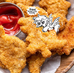 Size: 1600x1590 | Tagged: safe, artist:opalacorn, imported from derpibooru, oc, oc only, pegasus, pony, chicken meat, chicken nugget, commission, dialogue, dino nuggies, eating, emanata, food, irl, ketchup vein, meat, photo, ponies eating meat, ponies in food, ponies in real life, solo, speech bubble, spread wings, tiny, tiny ponies, unshorn fetlocks, vein bulge, wings