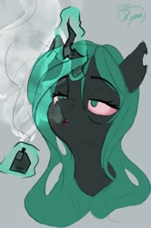 Size: 2017x3029 | Tagged: safe, artist:ryanmandraws, imported from derpibooru, queen chrysalis, changeling, changeling queen, doodle, drugs, female, high, marijuana, sketch, smoking, solo, stoned, tired, vape