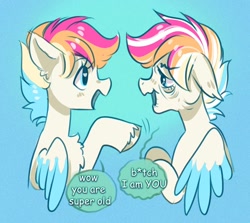 Size: 1200x1069 | Tagged: safe, artist:opalacorn, imported from derpibooru, oc, oc only, pegasus, pony, colored wings, dialogue, elderly, floppy ears, heart, multicolored hair, self paradox, self ponidox, solo, speech bubble, unshorn fetlocks, wings