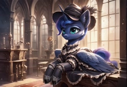 Size: 1216x832 | Tagged: safe, imported from derpibooru, princess luna, alicorn, ai content, ai generated, clothes, desk, dress, generator:autismmix pony, generator:stable diffusion, hat, horn, indoors, prompter:kluknawa235, smiling, window, wings