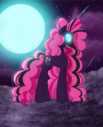 Size: 674x826 | Tagged: safe, artist:ashleynicholsart, deleted from derpibooru, imported from ponybooru, part of a set, pinkie pie, earth pony, pegasus, pony, banned from derpibooru, cloud, glowing eyes, image, moon, needs more jpeg, night, nightmare pinkie, nightmarified, raised hoof, raised leg, rock, sharp teeth, sky, solo, stone, teeth