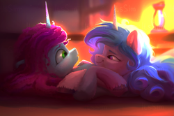 Size: 2789x1857 | Tagged: safe, artist:itssim, imported from derpibooru, izzy moonbow, pony, unicorn, duo, duo female, eye contact, female, g5, horn, looking at each other, looking at someone, mare, misty brightdawn, smiling, unshorn fetlocks