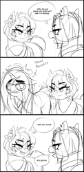 Size: 1944x3972 | Tagged: safe, artist:dibujito, imported from derpibooru, oc, oc only, oc:dib, oc:nori, oc:tupu, earth pony, unicorn, anxiety, blushing, comic, ear piercing, fetish, horn, long hair, olfactophilia, piercing, shaking, short hair, sketch, social anxiety, thick eyebrows