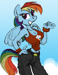 Size: 850x1100 | Tagged: safe, artist:trollie trollenberg, artist:wolfnanaki, imported from derpibooru, rainbow dash, anthro, pegasus, breasts, cargo pants, cleavage, clothes, colored, ear piercing, earring, female, grin, jewelry, midriff, pants, piercing, smiling, smirk, solo, wasp waist