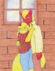 Size: 770x1000 | Tagged: safe, artist:lunarlight-prism, imported from derpibooru, applejack, big macintosh, anthro, earth pony, duo, female, hand on head, lightning, male, scared, thunderstorm, traditional art, younger
