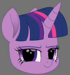 Size: 709x761 | Tagged: safe, artist:k. dale, imported from derpibooru, twilight sparkle, pony, unicorn, bust, female, gray background, head only, looking at you, movie accurate, simple background, smug, solo, unicorn twilight