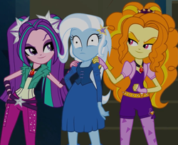 Size: 1221x994 | Tagged: safe, artist:9hex, edit, edited screencap, imported from derpibooru, screencap, adagio dazzle, aria blaze, sonata dusk, trixie, human, equestria girls, clothes, entranced, hand on hip, hand on shoulder, hypnosis, hypnotized, jewelry, lidded eyes, looking at each other, looking at someone, my little pony equestria girls: rainbow rocks, necklace, shrunken pupils, smiling, smiling at each other, smirk, the dazzlings, trio