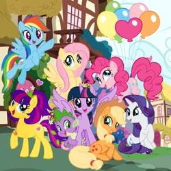 Size: 2548x2548 | Tagged: safe, imported from ponybooru, applejack, fluttershy, pinkie pie, rainbow dash, rarity, spike, twilight sparkle, alicorn, earth pony, pegasus, pony, unicorn, balloon, bandaid, female, flower, flower in hair, gradient background, heart, in memoriam, leaf, looking at you, looking sideways, maggie joy, mare, open mouth, open smile, side view, smiling, smiling at you, solo, turned head