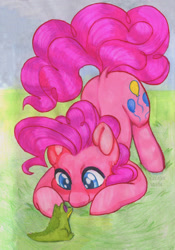 Size: 1638x2340 | Tagged: safe, artist:valeriakudlaeva, imported from derpibooru, gummy, pinkie pie, alligator, earth pony, pony, cute, diapinkes, duo, duo male and female, female, looking at each other, looking at someone, male, smiling, traditional art
