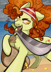 Size: 2894x4093 | Tagged: safe, artist:valeriakudlaeva, imported from derpibooru, oc, oc only, earth pony, pony, bandana, coin, commission, cutlass, female, gold, high res, looking at you, mare, mouth hold, not adagio dazzle, pirate, sack, smiling, smiling at you, solo, sword, weapon