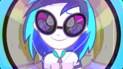 Size: 1920x1080 | Tagged: safe, artist:9hex, edit, edited screencap, imported from derpibooru, screencap, dj pon-3, vinyl scratch, human, equestria girls, animated, clothes, cute, female, gif, headphones, hypno eyes, hypnosis, hypnotized, kaa, kaa eyes, looking at each other, looking at someone, male, smiling, smiling at each other, sunglasses, vinylbetes