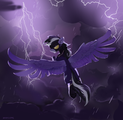 Size: 4208x4113 | Tagged: safe, artist:laymy, imported from derpibooru, oc, oc only, oc:violett spectrum, pegasus, pony, clothes, costume, high res, lightning, male, rain, shadowbolts costume, solo, spread wings, wings