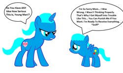 Size: 1656x980 | Tagged: safe, artist:memeartboi, imported from derpibooru, pegasus, pony, unicorn, angry, colt, crying, duo, duo male and female, female, foal, grounded, guilty, gumball watterson, heart, horn, male, mare, mother, mother and child, mother and son, nicole watterson, ponified, punishment, regret, remorse, sad, sad pony, scolded, scolding, simple background, sniffing, sorry, the amazing world of gumball, upset, white background, wings