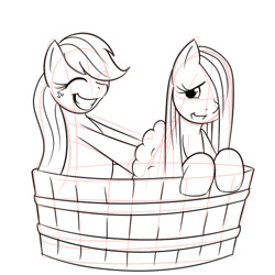 Size: 500x500 | Tagged: safe, artist:kloudmutt, imported from derpibooru, applejack, fluttershy, pony, bathing, bathtub, duo, duo female, female, grin, mare, simple background, sketch, smiling, white background