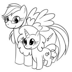 Size: 500x500 | Tagged: safe, artist:kloudmutt, imported from derpibooru, oc, oc only, pegasus, pony, unicorn, duo, female, filly, foal, glasses, horn, mare, monochrome, simple background, smiling, white background