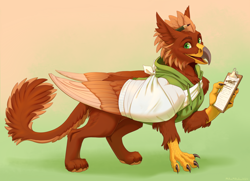 Size: 2690x1951 | Tagged: safe, artist:mihoku-san, imported from derpibooru, oc, oc only, oc:pavlos, griffon, bandage, beak, broken bone, broken wing, cast, cheek fluff, claws, clipboard, clothes, colored wings, commission, eared griffon, gradient background, griffon oc, happy, injured, large wings, non-pony oc, nonbinary, pencil, sling, smiling, solo, tail, wings