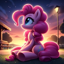 Size: 1024x1024 | Tagged: safe, imported from derpibooru, pinkie pie, earth pony, pony, ai content, ai generated, bench, cloud, evening, eyebrows, female, generator:bing image creator, generator:dall-e 3, grass, ground, heart, hill, mare, outdoors, prompter:equestria pony fans, sitting, sky, smiling, solo, stars, streetlight, tree, wood, wrong cutie mark