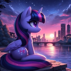 Size: 1024x1024 | Tagged: safe, imported from derpibooru, twilight sparkle, alicorn, ai content, ai generated, bridge, building, city, cloud, evening, female, generator:bing image creator, generator:dall-e 3, horn, mare, prompter:equestria pony fans, river, shiny, sitting, sky, skyscraper, smiling, solo, stars, sun, sunset, tree, twilight sparkle (alicorn), water, wings, wrong cutie mark