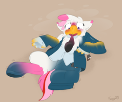 Size: 2096x1758 | Tagged: safe, artist:foxxy-arts, imported from derpibooru, oc, oc only, oc:foxxy hooves, hippogriff, blushing, brown background, clothes, clothing transformation, female, formal wear, hippogriff oc, inanimate tf, mid-transformation, necktie, open mouth, price tag, shirt, simple background, solo, suit, transformation