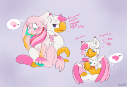 Size: 2317x1590 | Tagged: safe, artist:foxxy-arts, imported from derpibooru, oc, oc only, oc:foxxy hooves, oc:medley, hippogriff, rabbit, animal, blushing, duo, duo female, female, furry, furry oc, furry to hippogriff, hippogriff oc, lidded eyes, open mouth, self paradox, self ponidox, transformation, transformation sequence