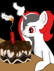 Size: 1140x1515 | Tagged: safe, artist:wh189, imported from derpibooru, oc, oc only, oc:red rocket, unicorn, birthday, cake, candle, dynamite, explosives, food, horn, lighter, magic, solo, table