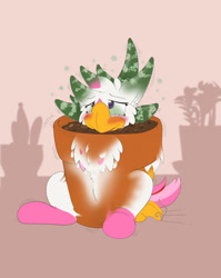 Size: 1019x1280 | Tagged: safe, artist:foxxy-arts, imported from derpibooru, aloe, oc, oc only, oc:foxxy hooves, hippogriff, blushing, female, hippogriff oc, inanimate tf, mid-transformation, open mouth, plant, plant tf, pot, potted plant, shadow, solo, transformation