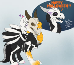 Size: 1280x1126 | Tagged: safe, artist:foxxy-arts, imported from derpibooru, oc, oc only, oc:foxxy hooves, dragon, hippogriff, bone, eyes closed, female, halloween, heart, hippogriff oc, hippogriff to dragon, holiday, open mouth, skeleton, skull, solo, species swap, transformation, transformation sequence