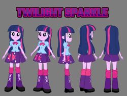 Size: 1280x974 | Tagged: safe, artist:qbert2kcat, imported from derpibooru, twilight sparkle, human, equestria girls, arms, blouse, boots, bowtie, breasts, bust, clothes, facing away, facing right, facing you, female, fingers, gray background, hand, happy, high heel boots, long hair, puffy sleeves, simple background, skirt, smiling, socks, solo, spread arms, standing, teenager