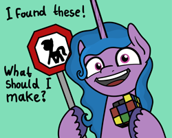 Size: 2048x1644 | Tagged: safe, artist:ewoudcponies, imported from derpibooru, izzy moonbow, pony, unicorn, colored hooves, female, g5, green background, horn, looking at you, mare, open mouth, open smile, rubik's cube, sign, simple background, smiling, smiling at you, solo, unshorn fetlocks