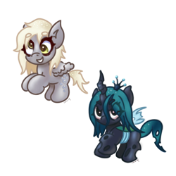 Size: 3000x3000 | Tagged: safe, artist:tuskonline, imported from derpibooru, derpy hooves, queen chrysalis, changeling, pegasus, pony, chibi, crown, cutie mark, duo, duo female, female, horn, jewelry, regalia, simple background, white background, wings