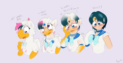 Size: 1280x658 | Tagged: safe, imported from derpibooru, oc, oc:foxxy hooves, hippogriff, human, blushing, bowtie, eye clipping through hair, female, heart, hippogriff oc, hippogriff to human, japanese, open mouth, sailor mercury, sailor moon (series), speech change, transformation, transformation sequence