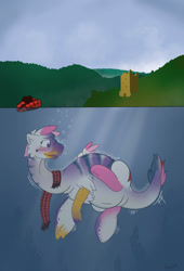 Size: 869x1280 | Tagged: safe, artist:foxxy-arts, imported from derpibooru, oc, oc only, oc:foxxy hooves, dinosaur, hippogriff, plesiosaur, blushing, bubble, clothes, dinosaurified, female, hat, hippogriff oc, loch ness monster, mid-transformation, open mouth, scarf, scotland, solo, species swap, transformation, underwater, water