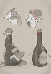 Size: 884x1280 | Tagged: safe, artist:foxxy-arts, imported from derpibooru, oc, oc only, oc:foxxy hooves, hippogriff, alcohol, blushing, bottle, champagne, cork, eyes closed, female, hippogriff oc, inanimate tf, lidded eyes, monochrome, solo, sweat, transformation, transformation sequence, wine, wine bottle