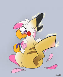 Size: 1043x1280 | Tagged: safe, artist:foxxy-arts, imported from derpibooru, oc, oc only, oc:foxxy hooves, hippogriff, pikachu, blushing, butt, electricity, female to male, hippogriff oc, looking back, mid-transformation, playing, plot, pokefied, pokémon, rule 63, solo, species swap, transformation, transgender transformation