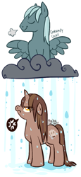 Size: 517x1124 | Tagged: safe, artist:clovercoin, imported from derpibooru, oc, oc only, oc:grumpy gus, oc:mocha delight, pegasus, pony, unicorn, cloud, cross-popping veins, duo, emanata, female, horn, male, mare, pictogram, rain, simple background, stallion, wet, wet mane, white background