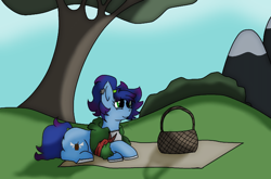 Size: 1440x948 | Tagged: safe, artist:thomas.senko, imported from derpibooru, oc, oc only, oc:sunrise heaven, earth pony, basket, blue hair, blue skin, blue sky, female, green eyes, happy, heart, mare, mountain, picnic, picnic basket, picnic blanket, pink hair, smiley face, smiling, solo, tree, white hooves