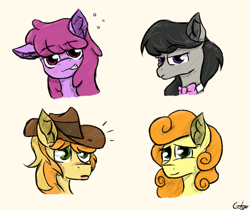 Size: 1063x891 | Tagged: safe, artist:gotyx96, imported from derpibooru, berry punch, berryshine, braeburn, carrot top, golden harvest, octavia melody, earth pony, pony, black mane, blushing, bowtie, bust, cowboy hat, drunk, drunk bubbles, ear fluff, gray coat, green eyes, hat, magenta eyes, magenta mane, orange mane, purple coat, purple eyes, simple background, two toned mane, yellow coat