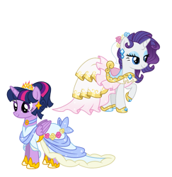 Size: 1233x1268 | Tagged: safe, artist:dazzle, imported from derpibooru, rarity, twilight sparkle, alicorn, clothes, dress, duo, duo female, ear piercing, earring, female, jewelry, mare, piercing, simple background, transparent background, twilight sparkle (alicorn), updo, wedding dress
