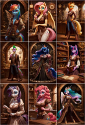 Size: 3328x4864 | Tagged: safe, imported from derpibooru, part of a set, applejack, fluttershy, pinkie pie, princess celestia, princess luna, rainbow dash, rarity, spike, twilight sparkle, alicorn, anthro, dragon, unguligrade anthro, absurd resolution, ai content, ai generated, bust, generator:stable diffusion, jewelry, mane six, portrait, portrait of a princess, preview, prompter:lunarusnexus, regalia, steampunk