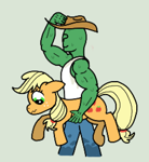 Size: 726x791 | Tagged: safe, artist:cutehorseprions, imported from derpibooru, applejack, oc, oc:anon, earth pony, human, pony, applejack's hat, cowboy hat, duo, duo male and female, embarrassed, female, hat, holding a pony, looking down, male, mare, muscles, smiling, sweat