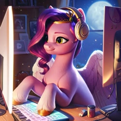 Size: 1024x1024 | Tagged: safe, imported from derpibooru, pipp petals, pegasus, pony, ai content, ai generated, computer, crown, female, g5, gamer pipp, headphones, jewelry, keyboard, monitor, moon, regalia, smiling, solo, window
